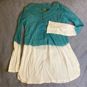 Teal and White Tie Dye Long Sleeve Boho Bohemian Tunic Size M
